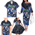 Merry Christmas Bulldogs Family Matching Off The Shoulder Long Sleeve Dress and Hawaiian Shirt Aboriginal Santa Rugby Mascot - Canterbury Bankstown