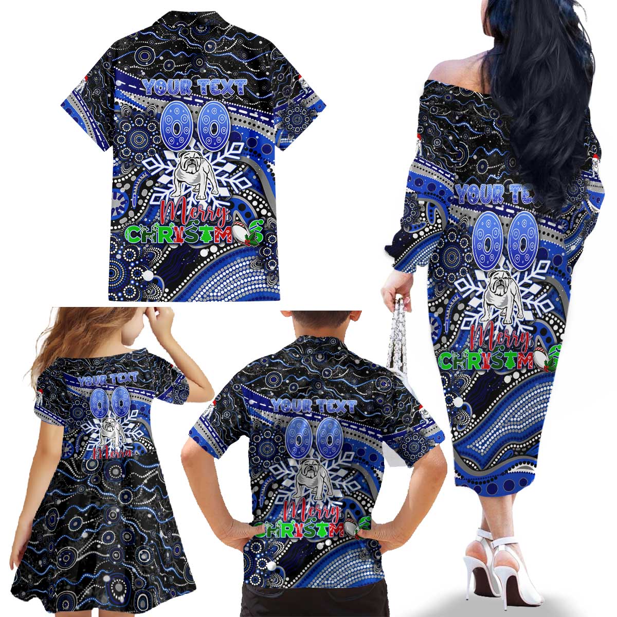 Merry Christmas Bulldogs Family Matching Off The Shoulder Long Sleeve Dress and Hawaiian Shirt Aboriginal Santa Rugby Mascot - Canterbury Bankstown