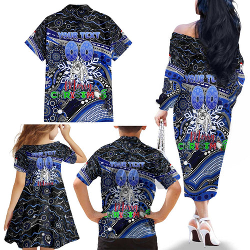 Merry Christmas Bulldogs Family Matching Off The Shoulder Long Sleeve Dress and Hawaiian Shirt Aboriginal Santa Rugby Mascot - Canterbury Bankstown