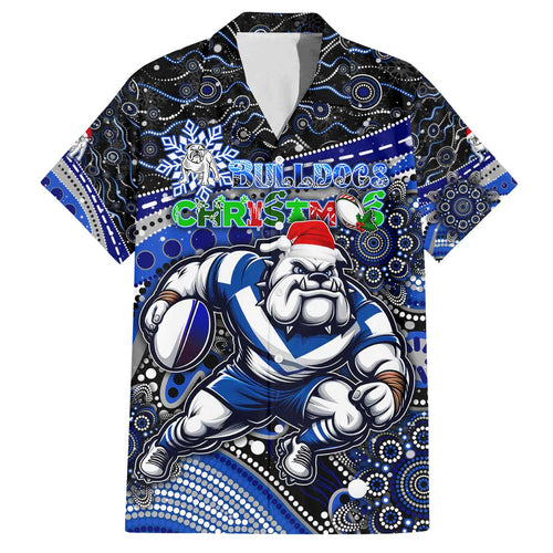 Merry Christmas Bulldogs Family Matching Off The Shoulder Long Sleeve Dress and Hawaiian Shirt Aboriginal Santa Rugby Mascot - Canterbury Bankstown