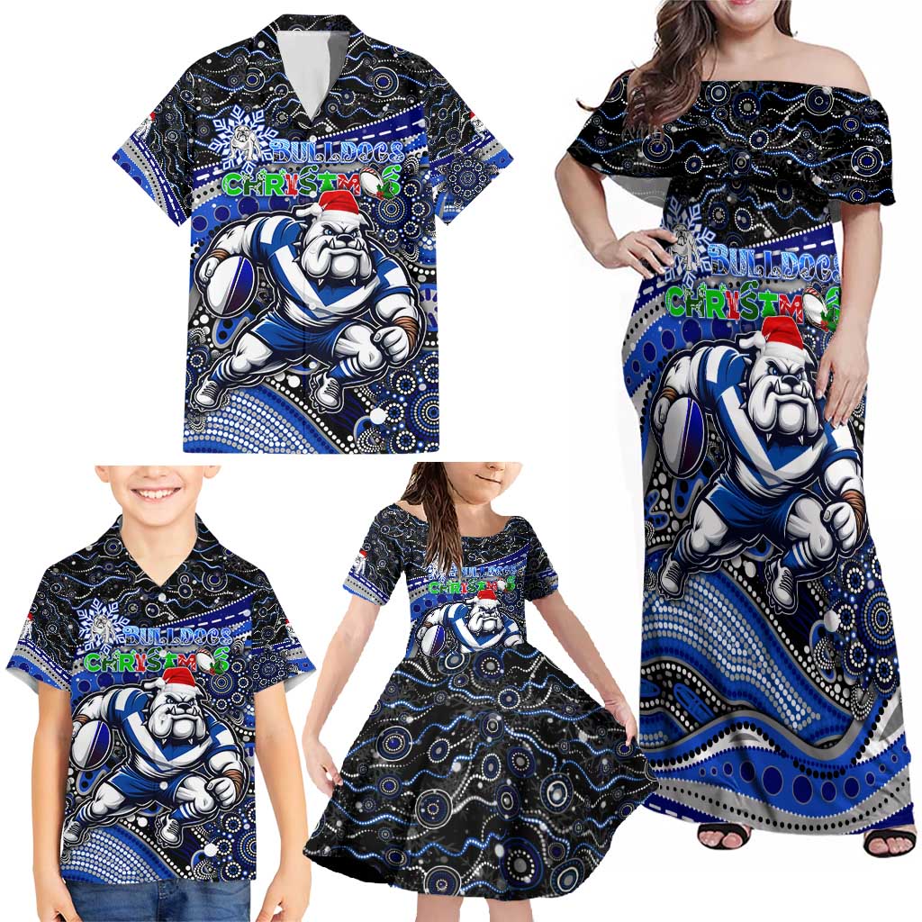 Merry Christmas Bulldogs Family Matching Off Shoulder Maxi Dress and Hawaiian Shirt Aboriginal Santa Rugby Mascot - Canterbury Bankstown