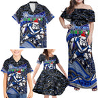 Merry Christmas Bulldogs Family Matching Off Shoulder Maxi Dress and Hawaiian Shirt Aboriginal Santa Rugby Mascot - Canterbury Bankstown