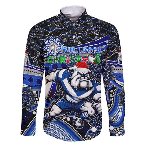 Merry Christmas Bulldogs Family Matching Off Shoulder Maxi Dress and Hawaiian Shirt Aboriginal Santa Rugby Mascot - Canterbury Bankstown