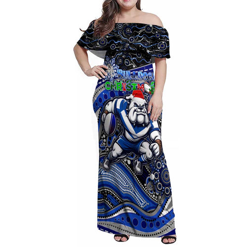 Merry Christmas Bulldogs Family Matching Off Shoulder Maxi Dress and Hawaiian Shirt Aboriginal Santa Rugby Mascot - Canterbury Bankstown