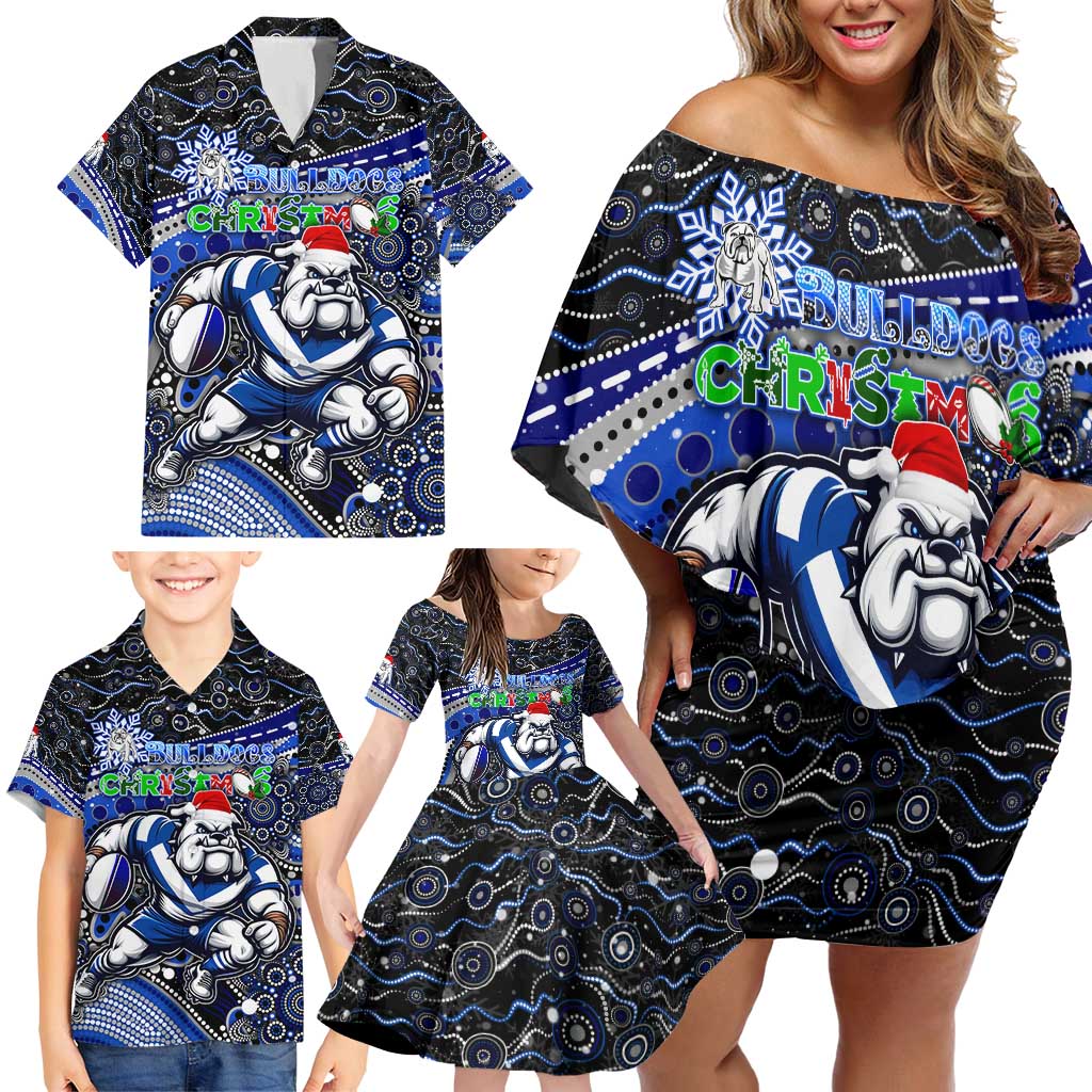 Merry Christmas Bulldogs Family Matching Off Shoulder Short Dress and Hawaiian Shirt Aboriginal Santa Rugby Mascot - Canterbury Bankstown