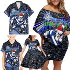 Merry Christmas Bulldogs Family Matching Off Shoulder Short Dress and Hawaiian Shirt Aboriginal Santa Rugby Mascot - Canterbury Bankstown