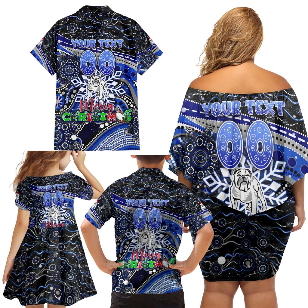 Merry Christmas Bulldogs Family Matching Off Shoulder Short Dress and Hawaiian Shirt Aboriginal Santa Rugby Mascot - Canterbury Bankstown