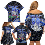 Merry Christmas Bulldogs Family Matching Off Shoulder Short Dress and Hawaiian Shirt Aboriginal Santa Rugby Mascot - Canterbury Bankstown