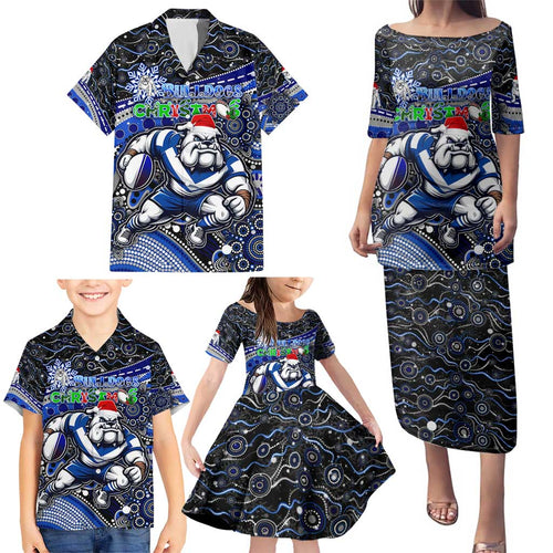 Merry Christmas Bulldogs Family Matching Puletasi and Hawaiian Shirt Aboriginal Santa Rugby Mascot - Canterbury Bankstown