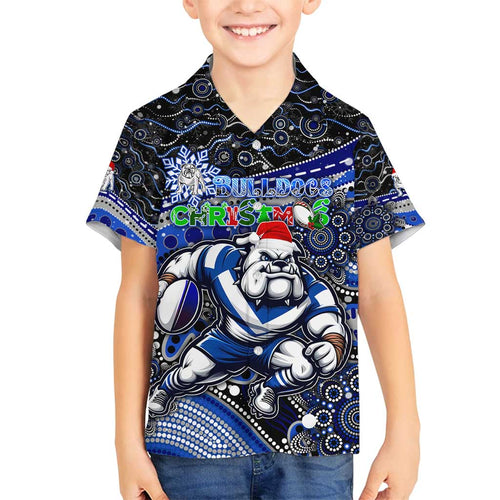 Merry Christmas Bulldogs Family Matching Puletasi and Hawaiian Shirt Aboriginal Santa Rugby Mascot - Canterbury Bankstown