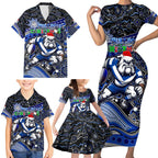 Merry Christmas Bulldogs Family Matching Short Sleeve Bodycon Dress and Hawaiian Shirt Aboriginal Santa Rugby Mascot - Canterbury Bankstown