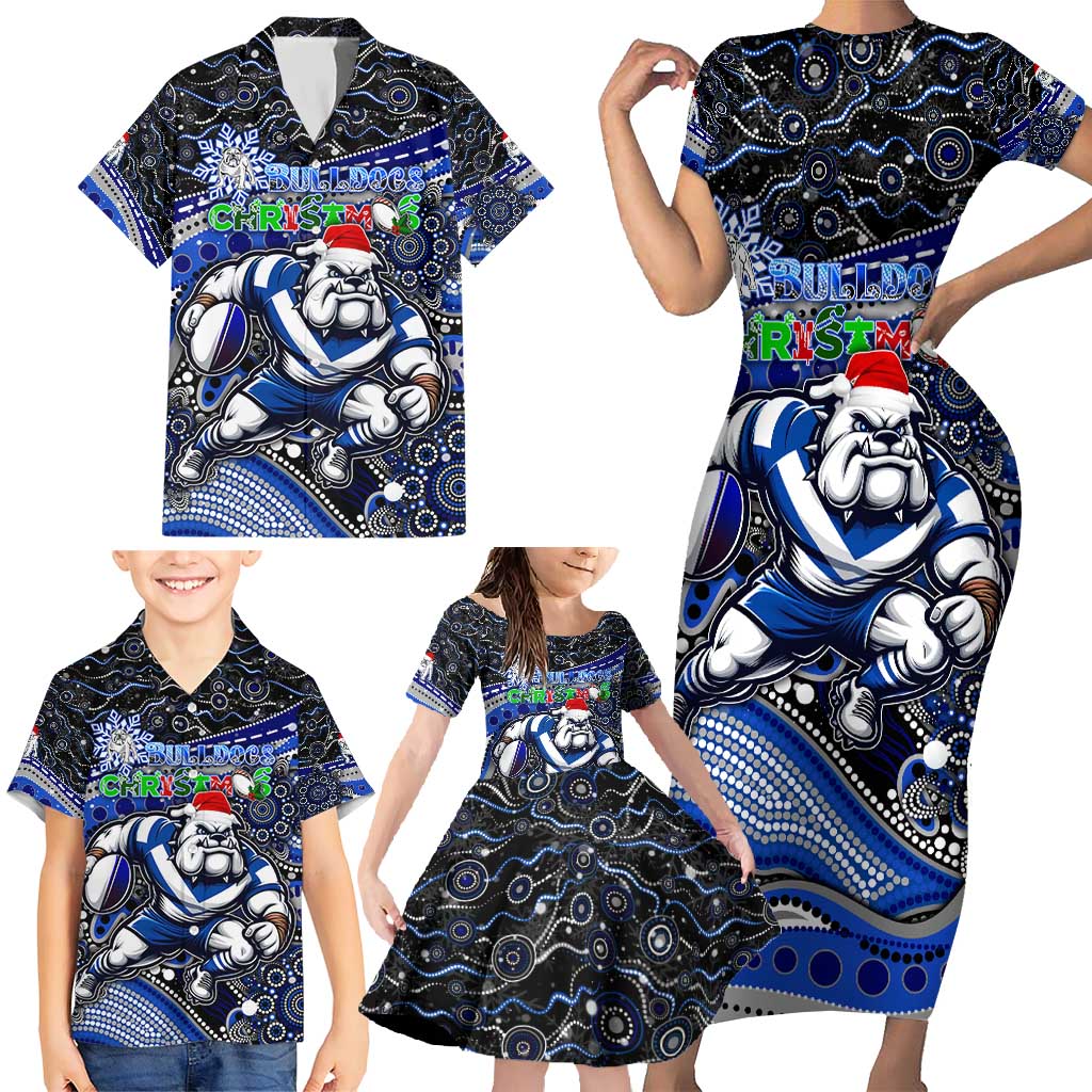 Merry Christmas Bulldogs Family Matching Short Sleeve Bodycon Dress and Hawaiian Shirt Aboriginal Santa Rugby Mascot - Canterbury Bankstown