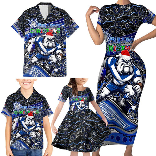 Merry Christmas Bulldogs Family Matching Short Sleeve Bodycon Dress and Hawaiian Shirt Aboriginal Santa Rugby Mascot - Canterbury Bankstown