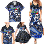Merry Christmas Bulldogs Family Matching Summer Maxi Dress and Hawaiian Shirt Aboriginal Santa Rugby Mascot - Canterbury Bankstown
