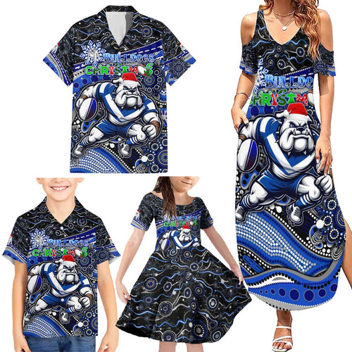 Merry Christmas Bulldogs Family Matching Summer Maxi Dress and Hawaiian Shirt Aboriginal Santa Rugby Mascot - Canterbury Bankstown
