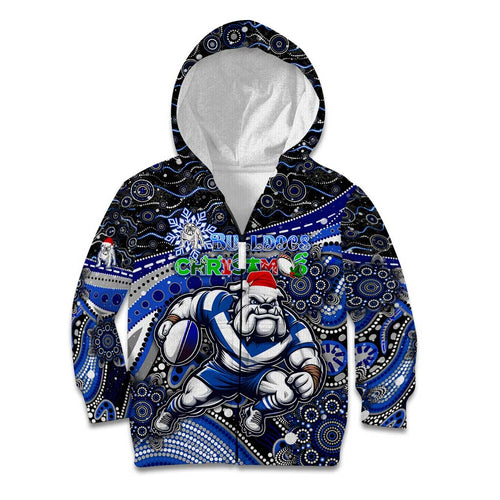 Merry Christmas Bulldogs Kid Hoodie Aboriginal Santa Rugby Mascot - Canterbury Bankstown