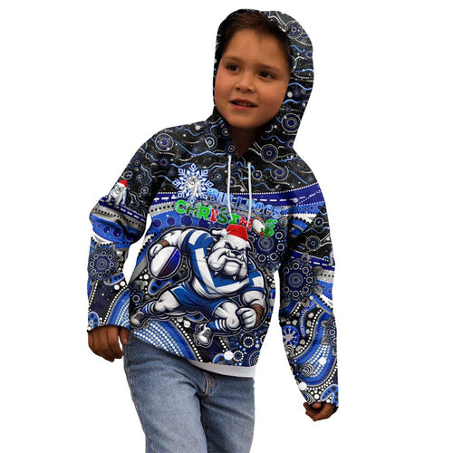 Merry Christmas Bulldogs Kid Hoodie Aboriginal Santa Rugby Mascot - Canterbury Bankstown
