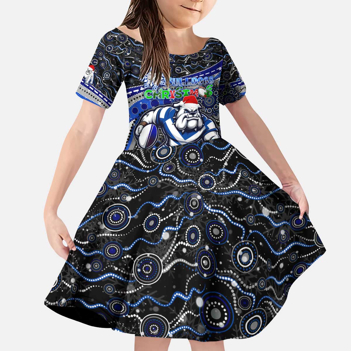 Merry Christmas Bulldogs Kid Short Sleeve Dress Aboriginal Santa Rugby Mascot - Canterbury Bankstown