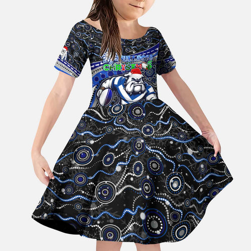 Merry Christmas Bulldogs Kid Short Sleeve Dress Aboriginal Santa Rugby Mascot - Canterbury Bankstown