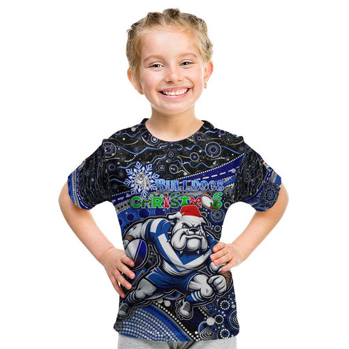 Merry Christmas Bulldogs Kid T Shirt Aboriginal Santa Rugby Mascot - Canterbury Bankstown