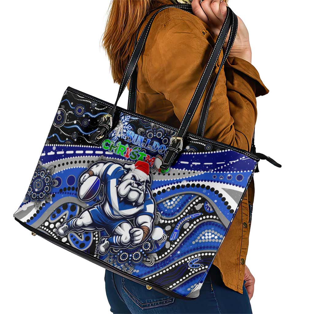 Merry Christmas Bulldogs Leather Tote Bag Aboriginal Santa Rugby Mascot - Canterbury Bankstown