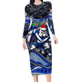 Merry Christmas Bulldogs Long Sleeve Bodycon Dress Aboriginal Santa Rugby Mascot - Canterbury Bankstown