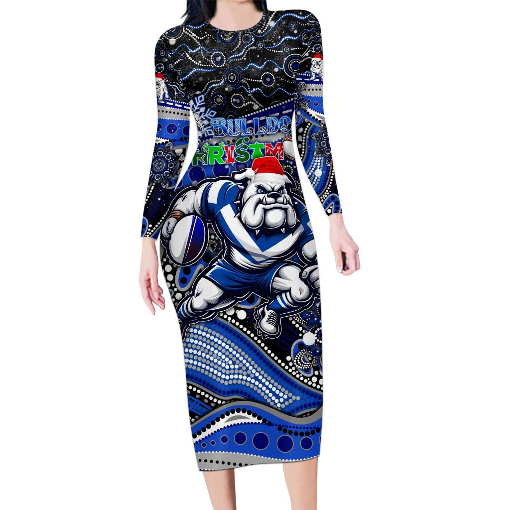 Merry Christmas Bulldogs Long Sleeve Bodycon Dress Aboriginal Santa Rugby Mascot - Canterbury Bankstown