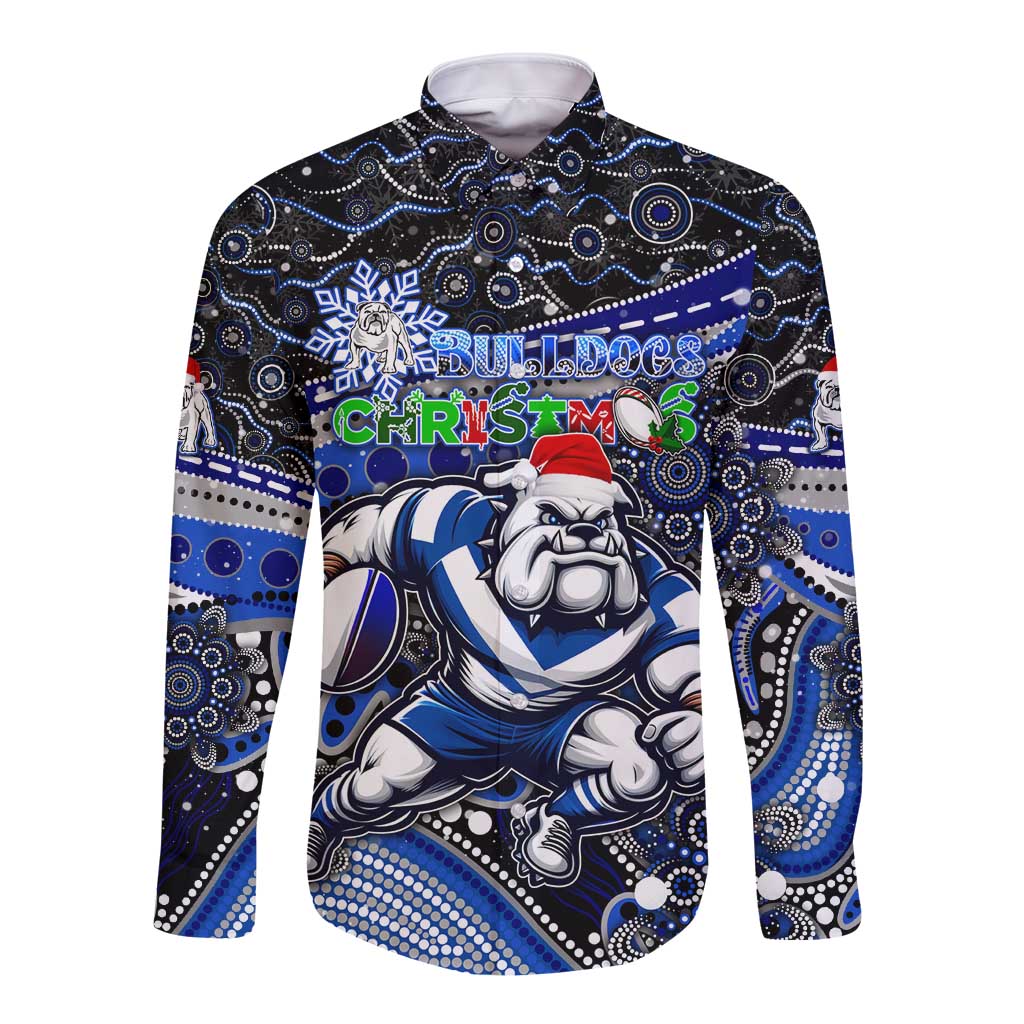 Merry Christmas Bulldogs Long Sleeve Button Shirt Aboriginal Santa Rugby Mascot - Canterbury Bankstown