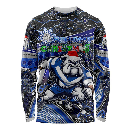 Merry Christmas Bulldogs Long Sleeve Shirt Aboriginal Santa Rugby Mascot - Canterbury Bankstown