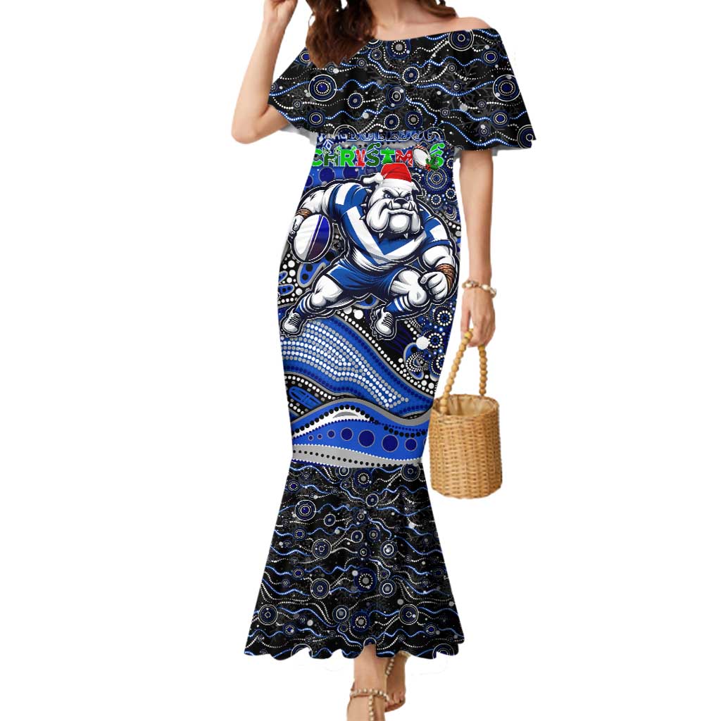 Merry Christmas Bulldogs Mermaid Dress Aboriginal Santa Rugby Mascot - Canterbury Bankstown
