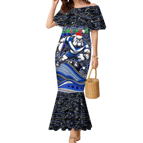 Merry Christmas Bulldogs Mermaid Dress Aboriginal Santa Rugby Mascot - Canterbury Bankstown