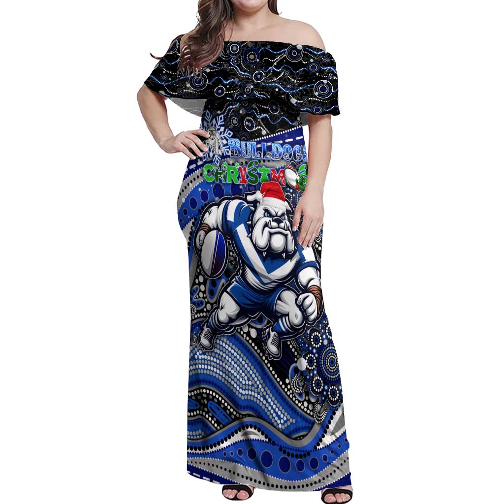 Merry Christmas Bulldogs Off Shoulder Maxi Dress Aboriginal Santa Rugby Mascot - Canterbury Bankstown
