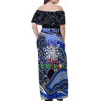 Merry Christmas Bulldogs Off Shoulder Maxi Dress Aboriginal Santa Rugby Mascot - Canterbury Bankstown