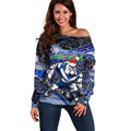 Merry Christmas Bulldogs Off Shoulder Sweater Aboriginal Santa Rugby Mascot - Canterbury Bankstown