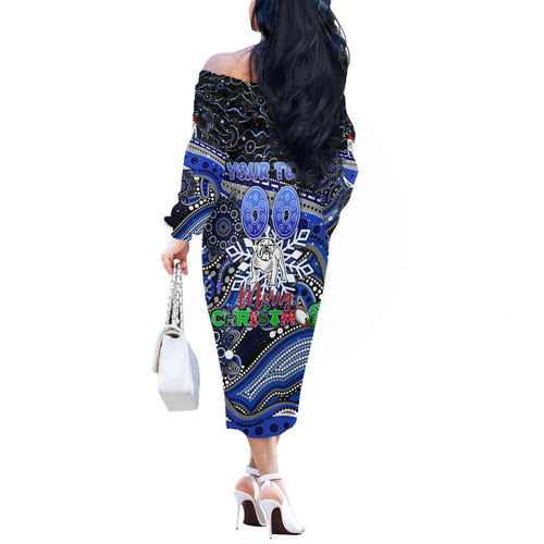 Merry Christmas Bulldogs Off The Shoulder Long Sleeve Dress Aboriginal Santa Rugby Mascot - Canterbury Bankstown