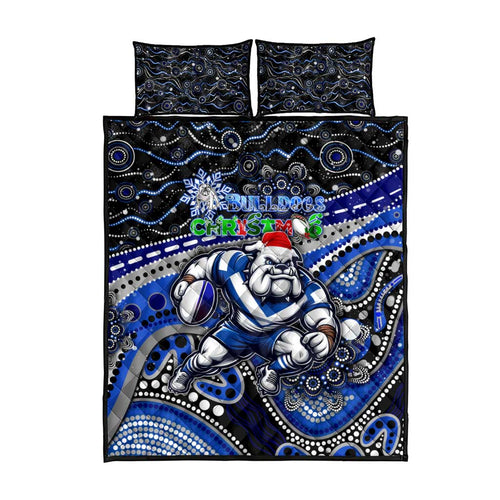 Merry Christmas Bulldogs Quilt Bed Set Aboriginal Santa Rugby Mascot - Canterbury Bankstown