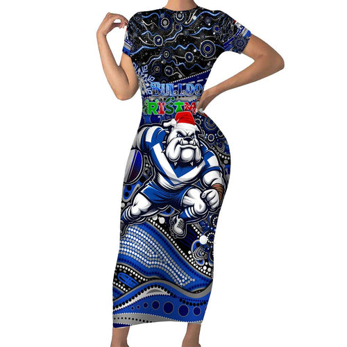 Merry Christmas Bulldogs Short Sleeve Bodycon Dress Aboriginal Santa Rugby Mascot - Canterbury Bankstown