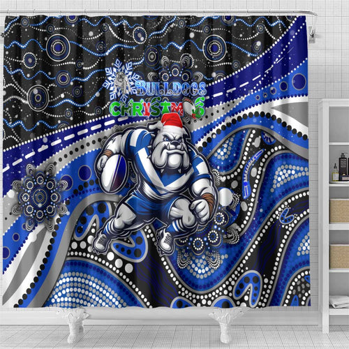 Merry Christmas Bulldogs Shower Curtain Aboriginal Santa Rugby Mascot - Canterbury Bankstown