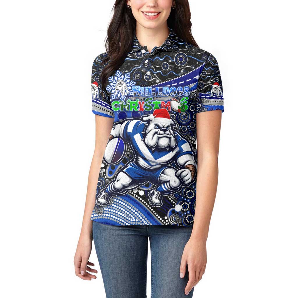 Merry Christmas Bulldogs Women Polo Shirt Aboriginal Santa Rugby Mascot - Canterbury Bankstown