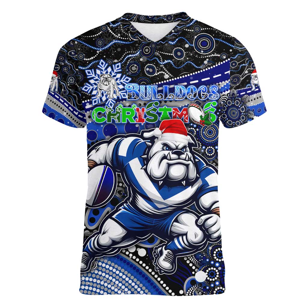 Merry Christmas Bulldogs Women V-Neck T-Shirt Aboriginal Santa Rugby Mascot - Canterbury Bankstown