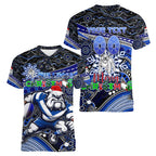 Merry Christmas Bulldogs Women V-Neck T-Shirt Aboriginal Santa Rugby Mascot - Canterbury Bankstown