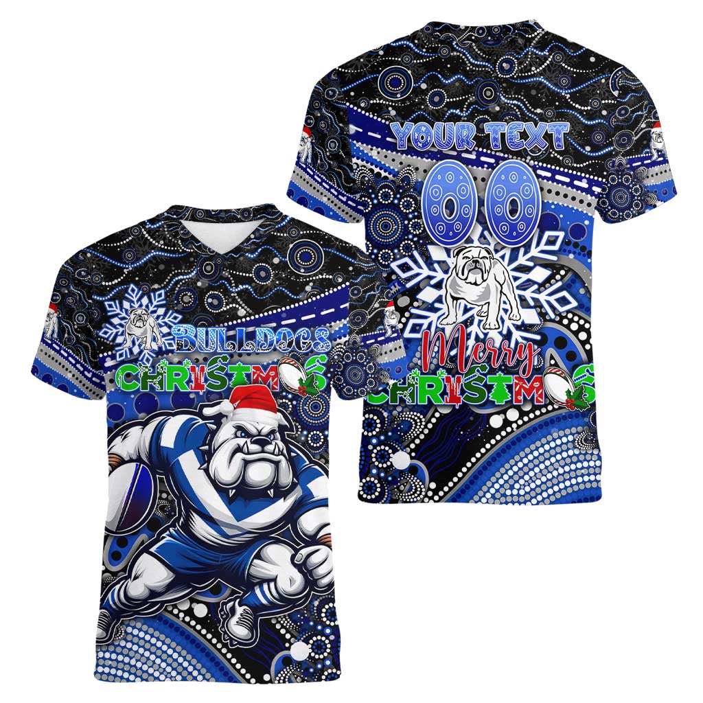 Merry Christmas Bulldogs Women V-Neck T-Shirt Aboriginal Santa Rugby Mascot - Canterbury Bankstown