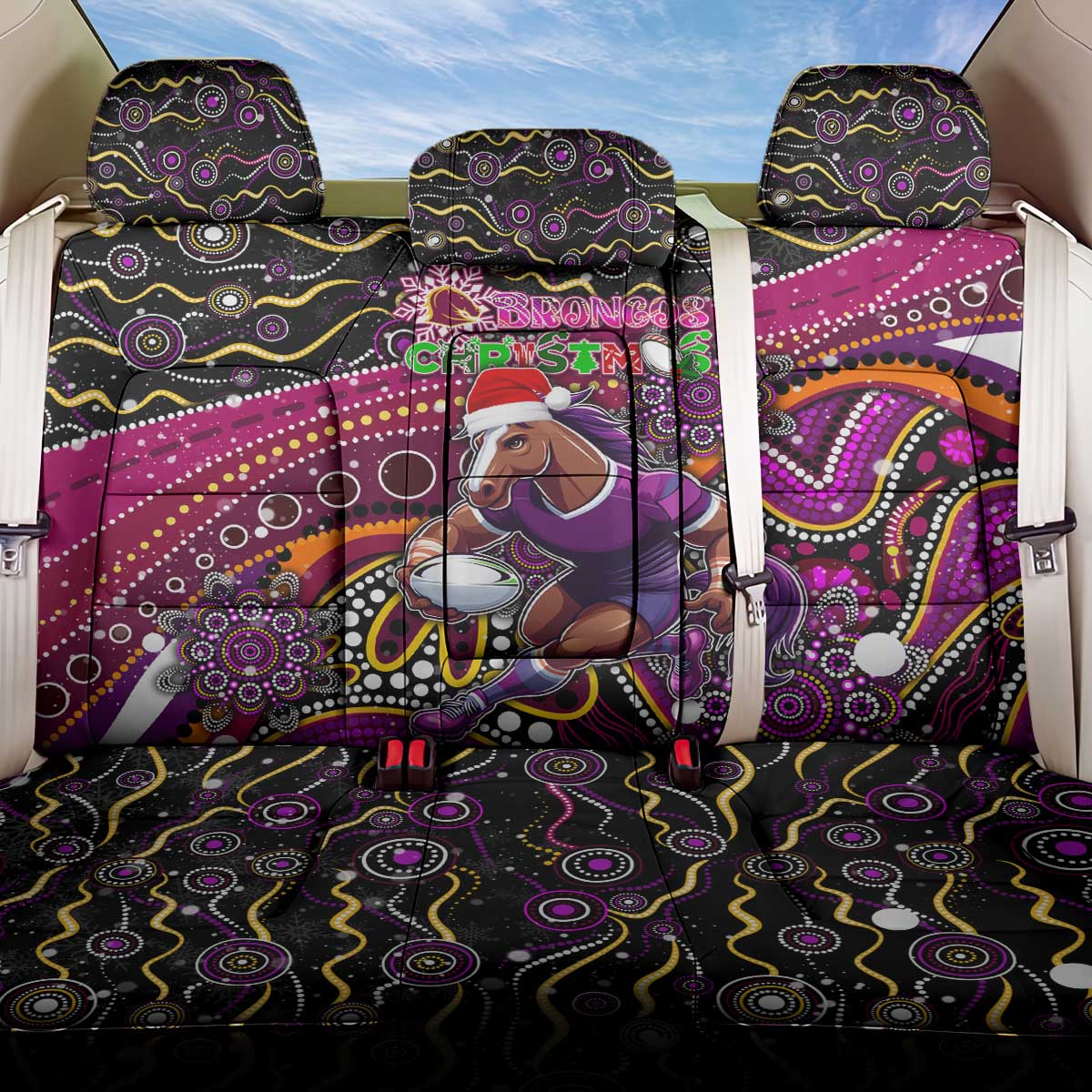 Merry Christmas Broncos Back Car Seat Cover Aboriginal Santa Rugby Mascot - Brisbane