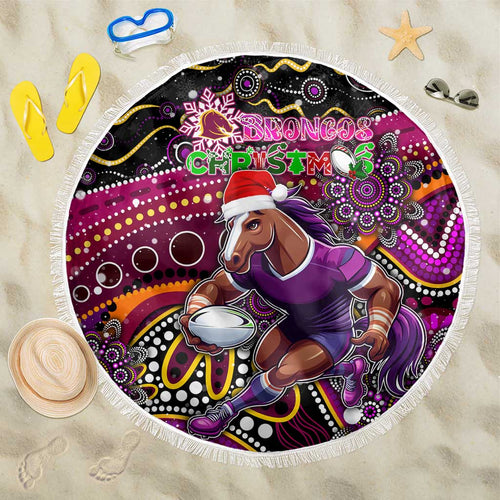 Merry Christmas Broncos Beach Blanket Aboriginal Santa Rugby Mascot - Brisbane