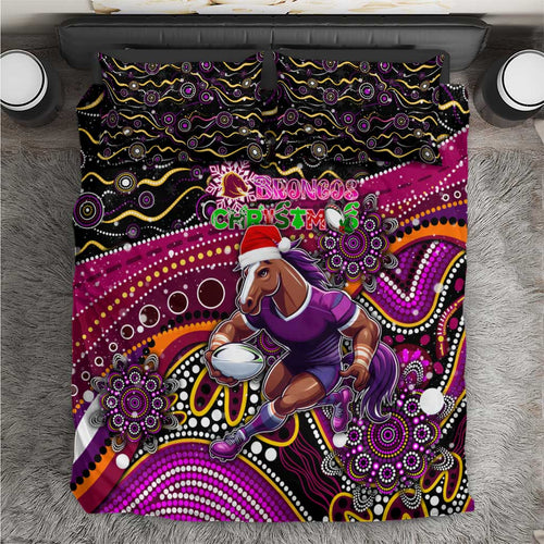 Merry Christmas Broncos Bedding Set Aboriginal Santa Rugby Mascot - Brisbane