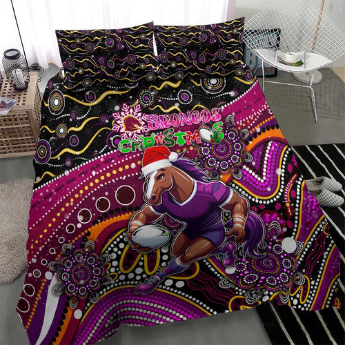 Merry Christmas Broncos Bedding Set Aboriginal Santa Rugby Mascot - Brisbane