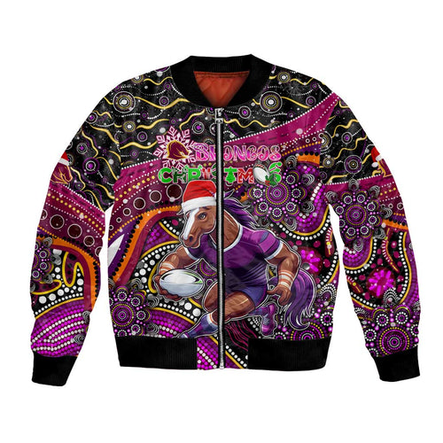 Merry Christmas Broncos Bomber Jacket Aboriginal Santa Rugby Mascot - Brisbane