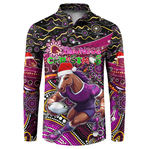Merry Christmas Broncos Button Sweatshirt Aboriginal Santa Rugby Mascot - Brisbane