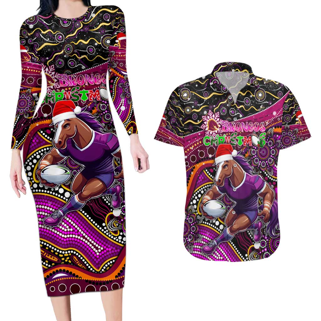 Merry Christmas Broncos Couples Matching Long Sleeve Bodycon Dress and Hawaiian Shirt Aboriginal Santa Rugby Mascot - Brisbane