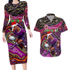 Merry Christmas Broncos Couples Matching Long Sleeve Bodycon Dress and Hawaiian Shirt Aboriginal Santa Rugby Mascot - Brisbane